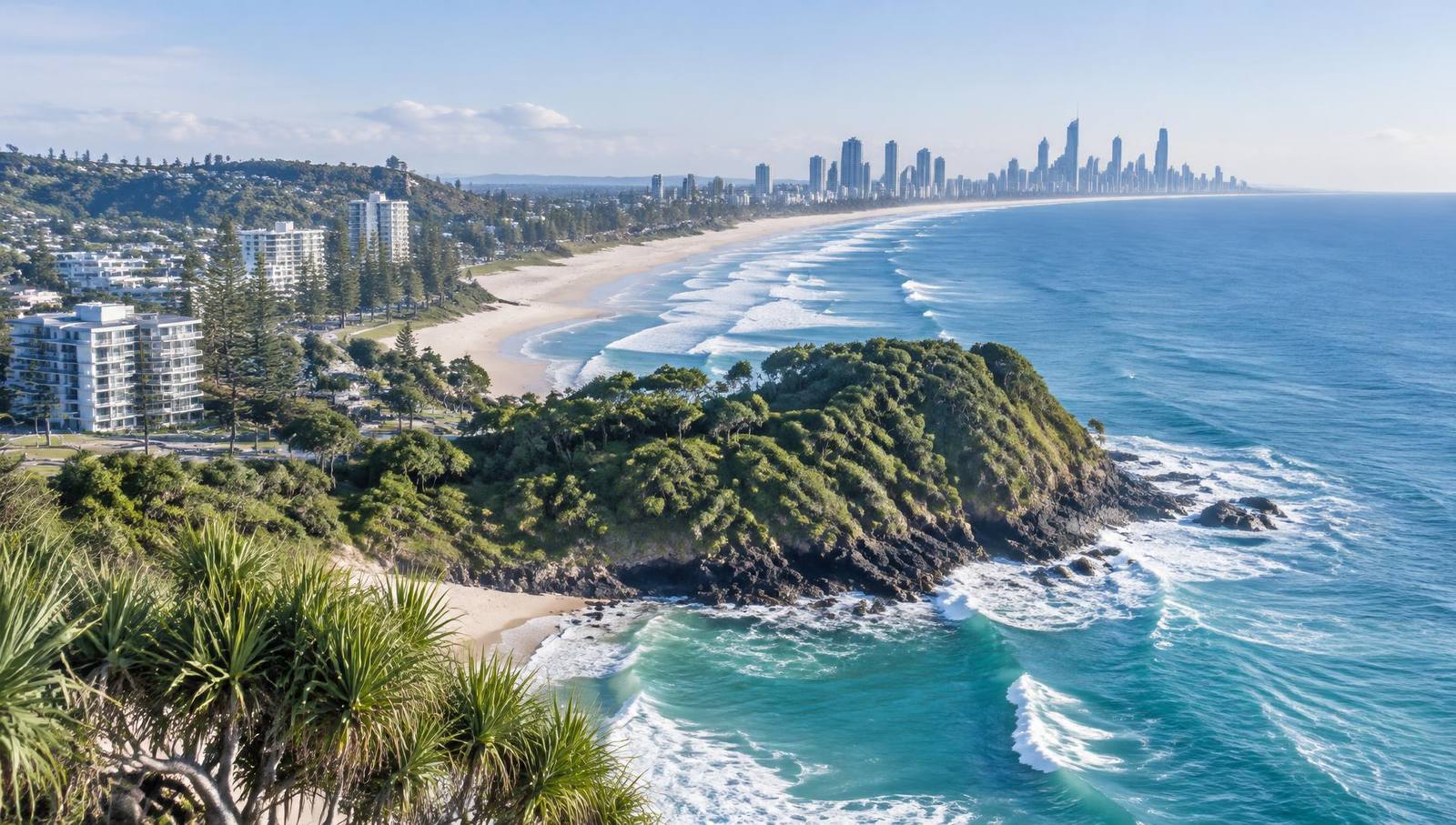 Burleigh Heads headland and the Gold Coast skyline