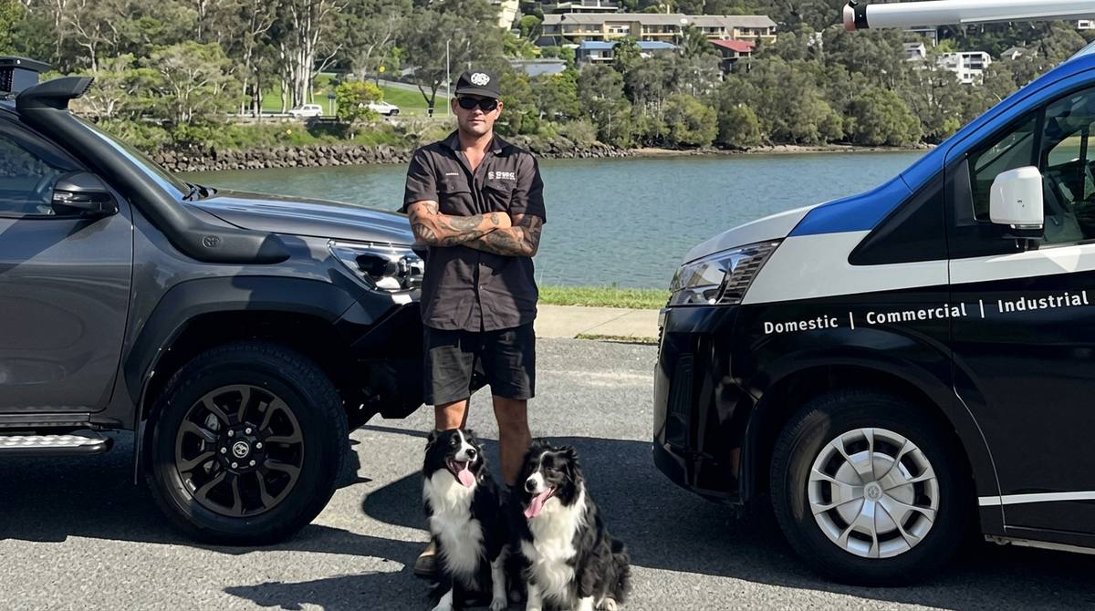 James from Rise Electrical and Co with the two work dogs beside the Rise ute and van